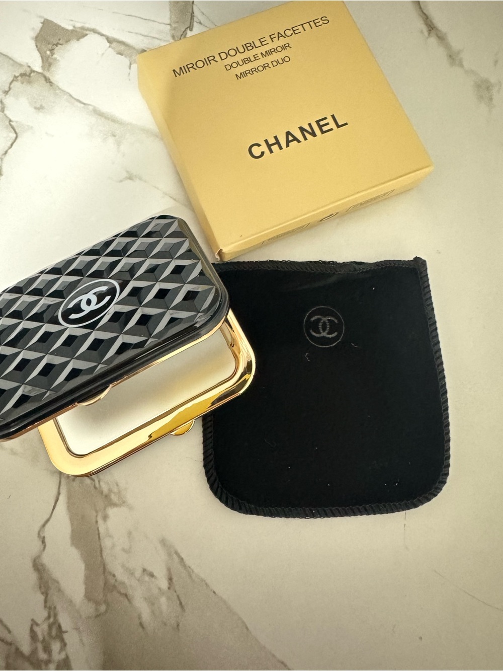 CHANEL Black & Gold Compact Double Mirror with Quilted Lid